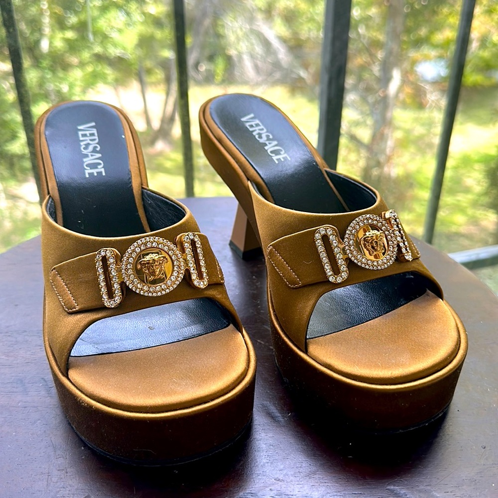 Versace Crystal Medusa Platform Slide/ Heels in Versace Gold